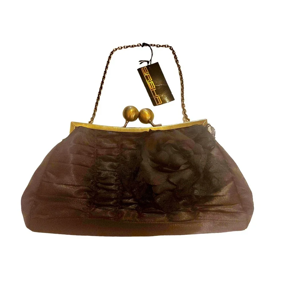 Vintage Sasha Women’s Gold Black Flower Clutch Wallet Coin Bag Purse NOS NWT